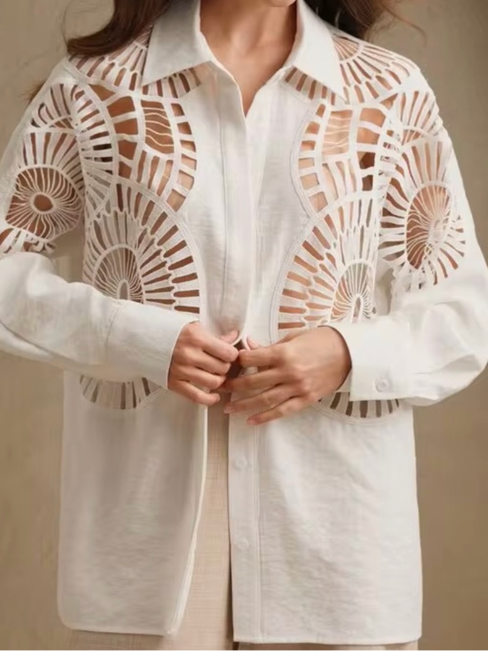 Women's White Cutout Button-Down Shirt with Circular Lace Panels